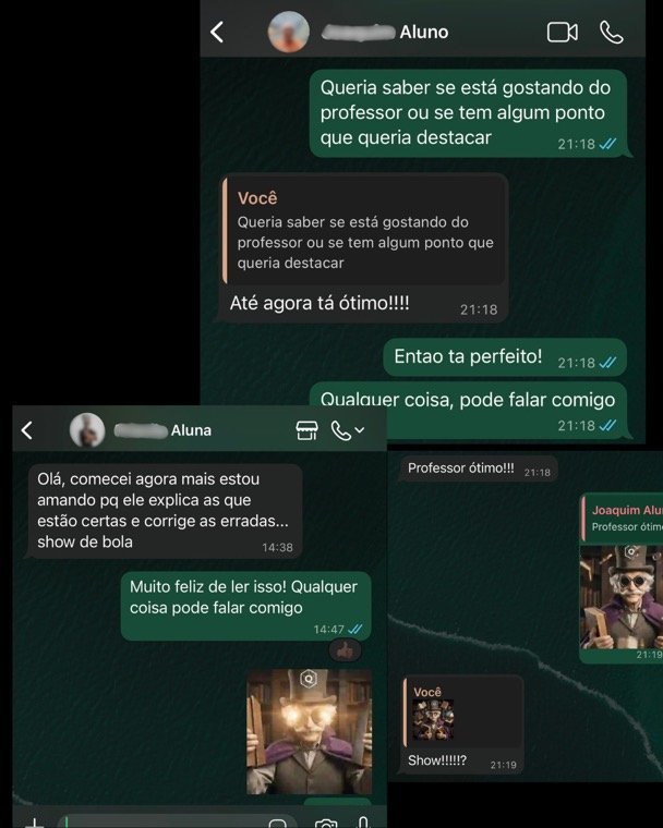 Prints reais de alunos no WhatsApp: 'ele explica as que estão certas e corrige as erradas... show de bola', 'Até agora tá ótimo'
